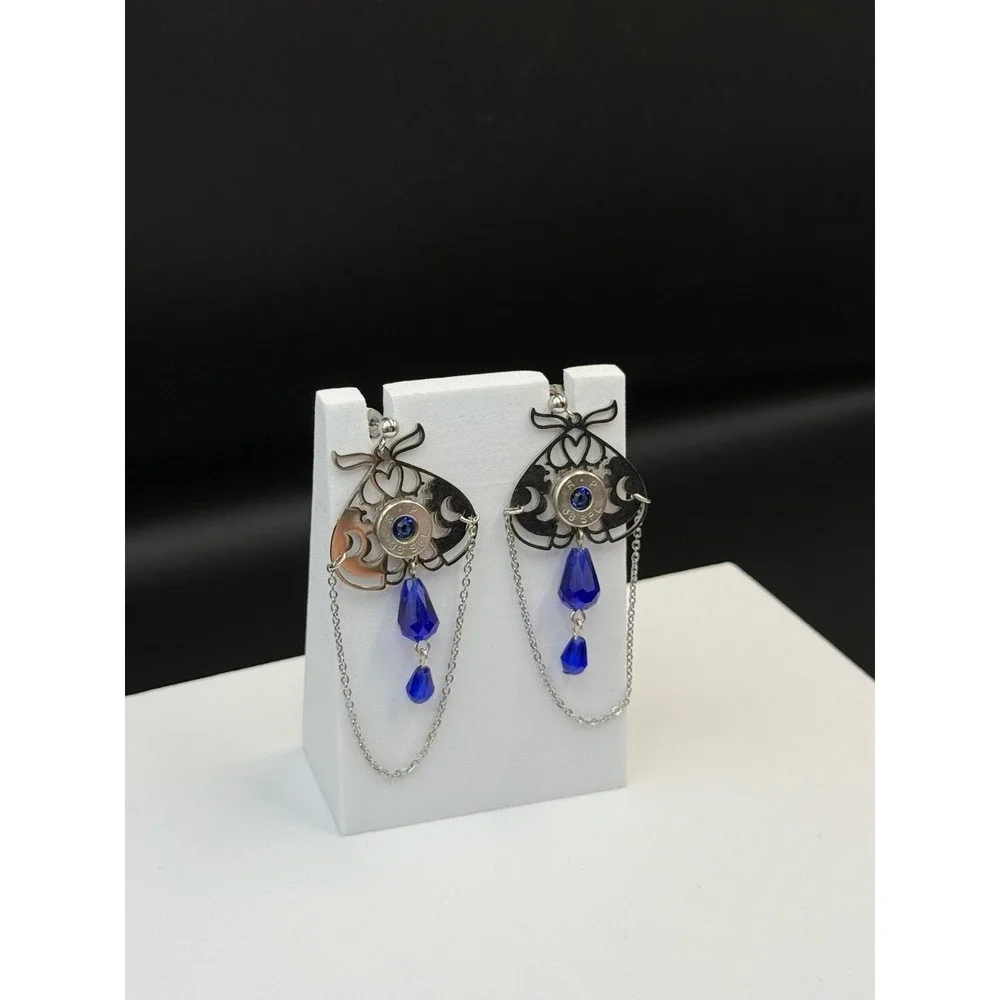 Vintage Womens silver Tone Chain‎ Blue Beaded Fashion Dangle/Drop Earrings